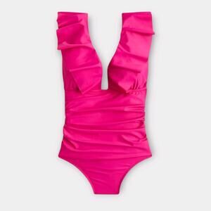 J. Crew Ruched Ruffle‎ One Piece Swimsuit Size 20 Pink Deep V Neck NWT